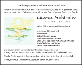 Traueranzeige von Gustav Schiroky von Südthüringer Presse