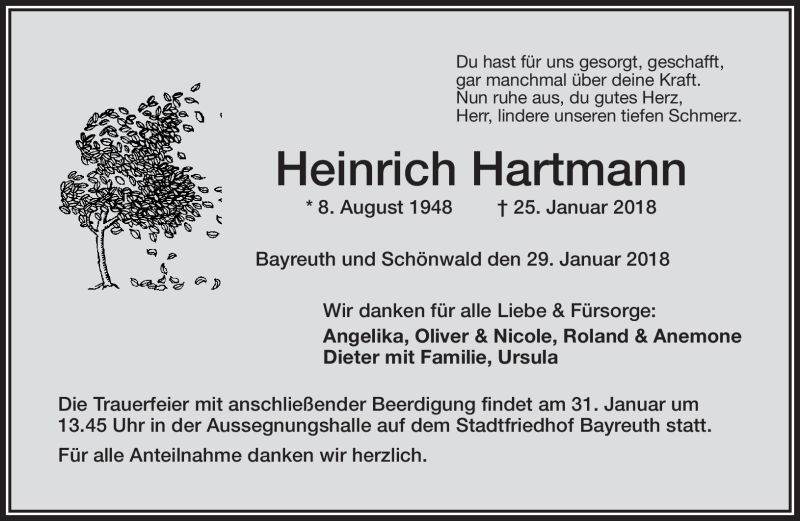  Traueranzeige für Heinrich Hartmann vom 29.01.2018 aus Frankenpost