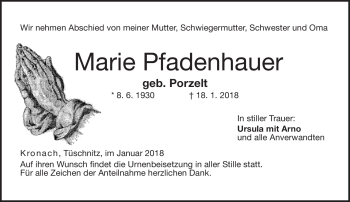 Traueranzeige von Marie Pfadenhauser von Neue Presse Coburg