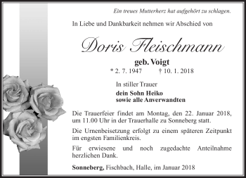Traueranzeige von Doris Fleischmann von Südthüringer Presse