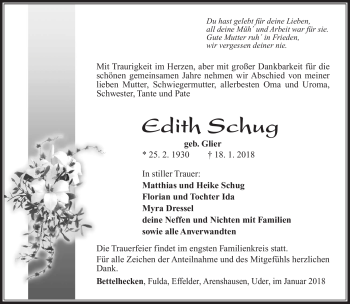 Traueranzeige von Edith Schug von Südthüringer Presse