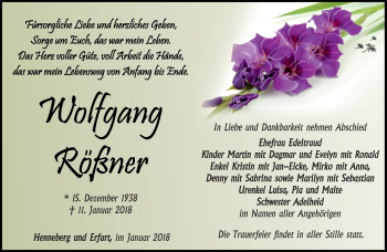 Traueranzeige von Wolfgang Rößner von Südthüringer Presse