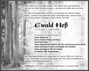 Traueranzeige von Ewald Heß von Südthüringer Presse