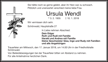 Traueranzeige von Ursula Wendl von Frankenpost