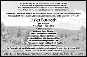 Traueranzeige von Liska Bauroth von Südthüringer Presse