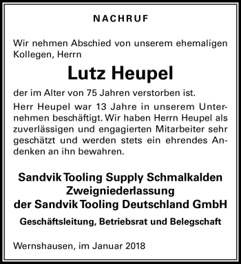 Traueranzeige von Lutz Heupel von Südthüringer Presse