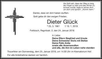 Traueranzeige von Dieter Glück von Frankenpost