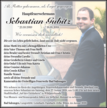 Traueranzeige von Sebastian Gubitz von Südthüringer Presse