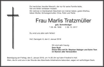 Traueranzeige von Marlis Tratzmüller von Frankenpost