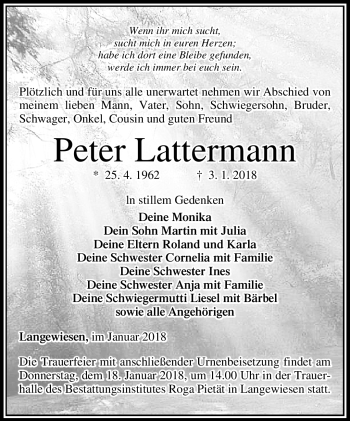 Traueranzeige von Peter Lattermann von Südthüringer Presse