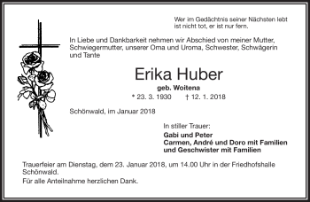 Traueranzeige von Erika Huber von Frankenpost