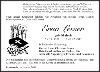 Traueranzeige von Erna Lesser von Südthüringer Presse
