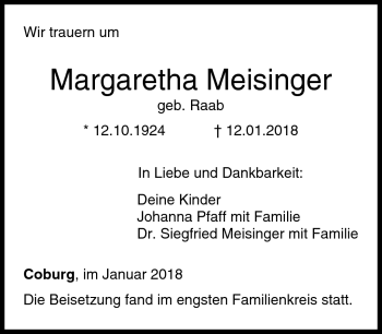 Traueranzeige von Margaretha Meisinger von Neue Presse Coburg