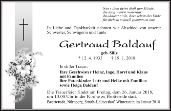 Traueranzeige von Gertraud Baldauf von Südthüringer Presse