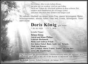 Traueranzeige von Doris König von Südthüringer Presse