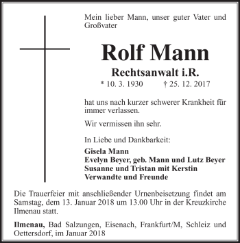 Traueranzeige von Rolf Mann von Südthüringer Presse