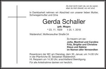 Traueranzeige von Gerda Schaller von Frankenpost