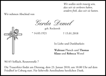 Traueranzeige von Gerda Demel von Neue Presse Coburg