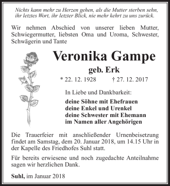 Traueranzeige von Veronika Gampe von Südthüringer Presse