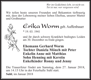 Traueranzeige von Erika Worm von Südthüringer Presse