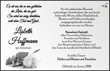 Traueranzeige von Lisbeth Hoffmann von Südthüringer Presse