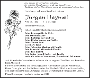 Traueranzeige von Jürgen Heymel von Südthüringer Presse