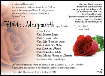 Traueranzeige von Hilde Morgenroth von Südthüringer Presse