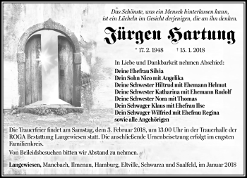 Traueranzeige von Jürgen Hartung von Südthüringer Presse