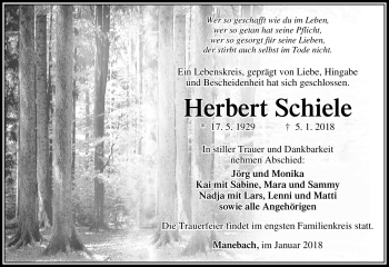 Traueranzeige von Herbert Schiele von Südthüringer Presse