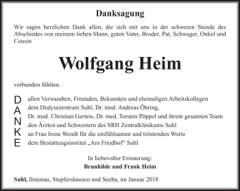 Traueranzeige von Wolfgang Heim von Südthüringer Presse