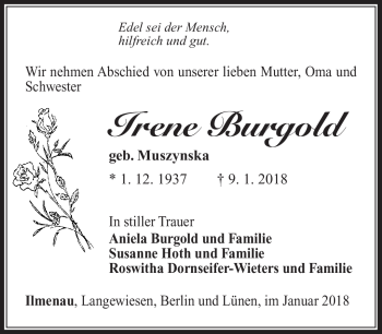 Traueranzeige von Irene Burgold von Südthüringer Presse