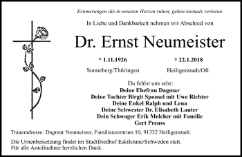 Traueranzeige von Ernst Neumeister von Südthüringer Presse
