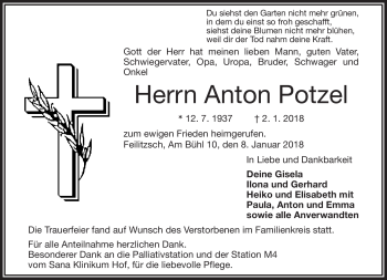 Traueranzeige von Anton Potzel von Frankenpost