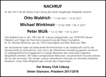 Traueranzeige von OttoMichaelPeter WinklmairWülkWaldrich von Neue Presse Coburg