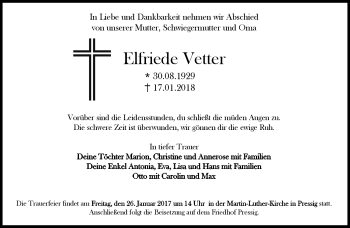 Traueranzeige von Elfriede Vetter von Neue Presse Coburg