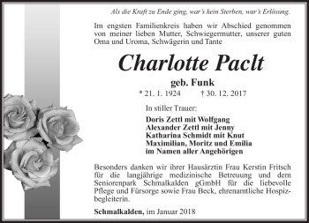 Traueranzeige von Charlotte Paclt von Südthüringer Presse