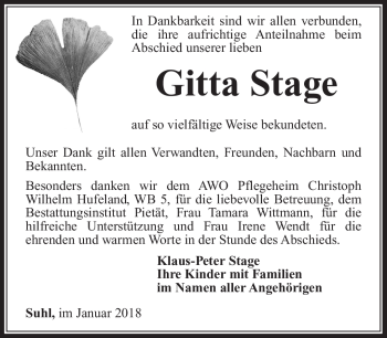 Traueranzeige von Gitta Stage von Südthüringer Presse