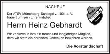 Traueranzeige von Heinz Gebhardt von Frankenpost