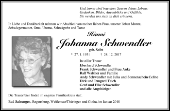 Traueranzeige von Johanna Schwendler von Südthüringer Presse