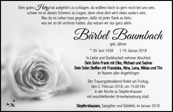 Traueranzeige von Bärbel Baumbach von Südthüringer Presse