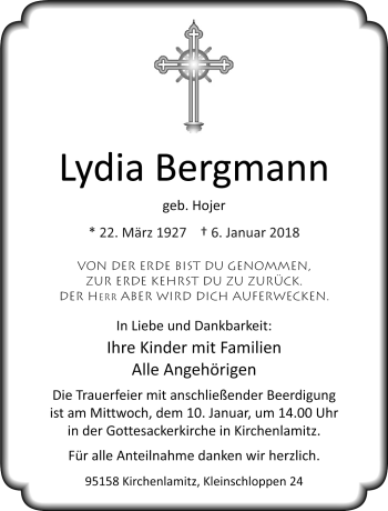 Traueranzeige von Lydia Bergmann von Frankenpost
