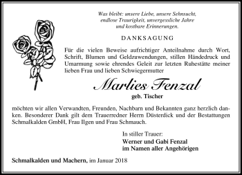 Traueranzeige von Marlies Fanzal von Südthüringer Presse