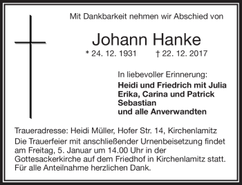 Traueranzeige von Johann Hanke von Frankenpost