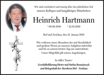 Traueranzeige von Heinrich Hartmann von Frankenpost