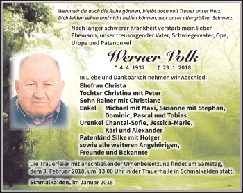 Traueranzeige von Werner Volk von Südthüringer Presse