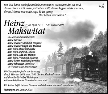 Traueranzeige von Heinz Makswitat von Südthüringer Presse