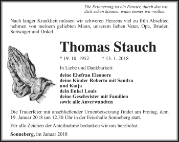 Traueranzeige von Thomas Stauch von Südthüringer Presse