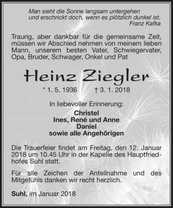 Traueranzeige von Heinz Ziegler von Südthüringer Presse
