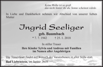 Traueranzeige von Ingrid Seeliger von Südthüringer Presse