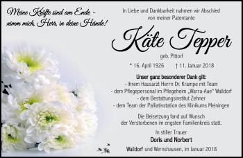Traueranzeige von Käte Tepper von Südthüringer Presse